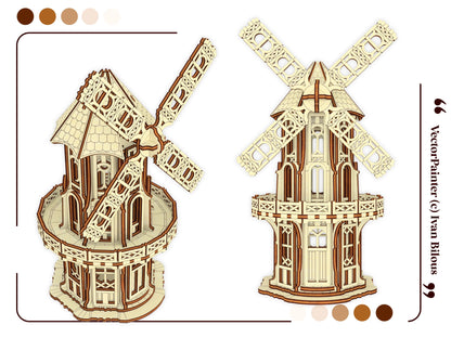 Two digital 3D rendering views showing the front and top-down angles of a decorative laser cut plywood windmill.