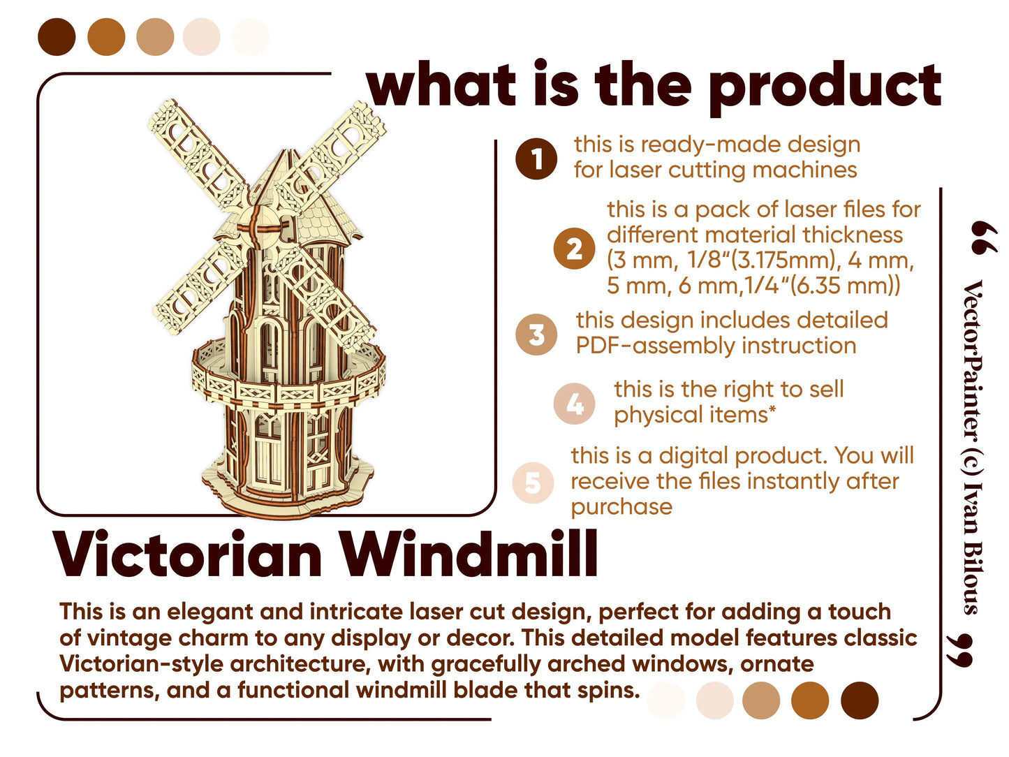 Product info card for digital laser cut plywood Victorian windmill files highlighting its spinning blades and vintage charm.