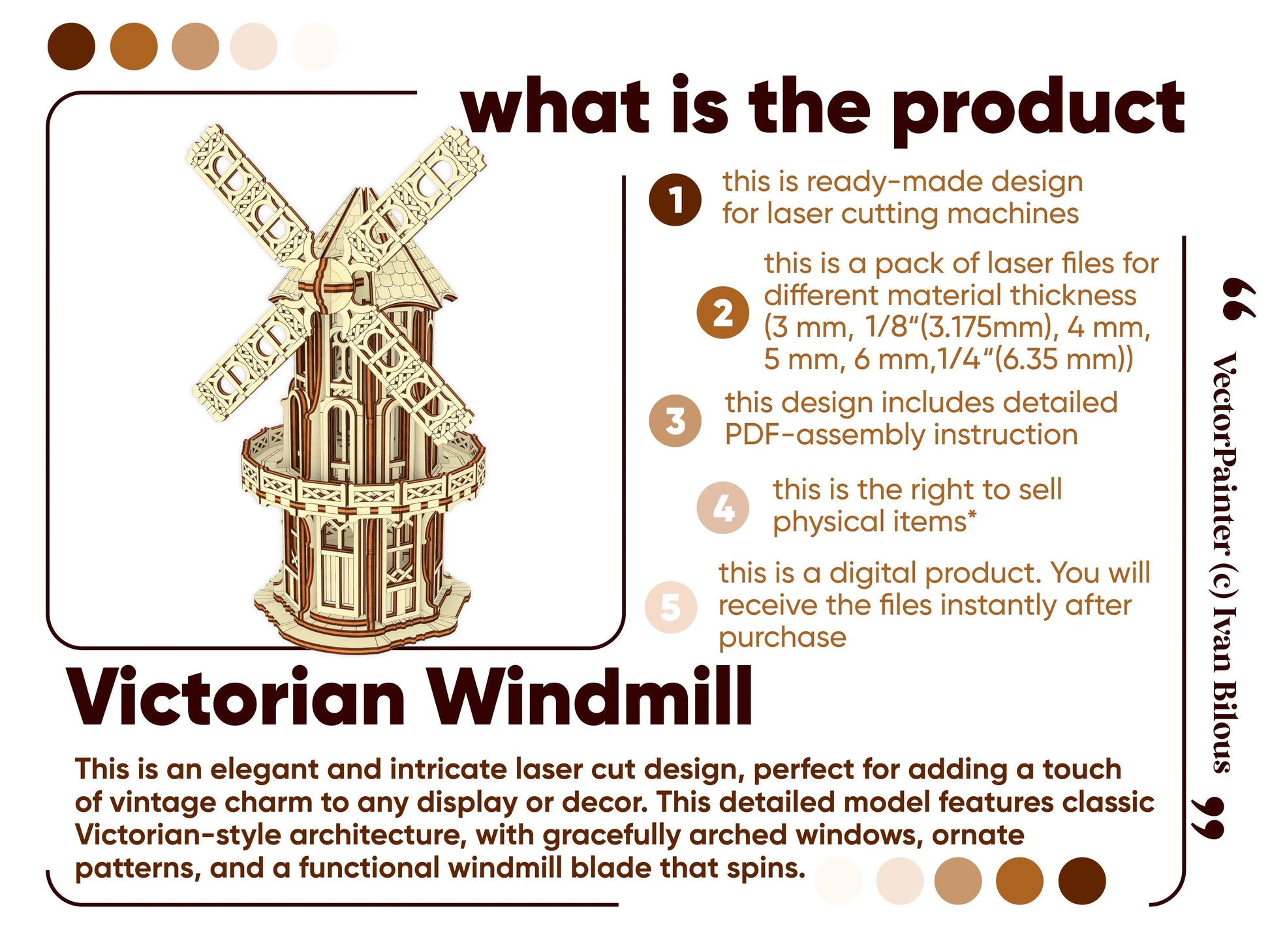 Product info card for digital laser cut plywood Victorian windmill files highlighting its spinning blades and vintage charm.