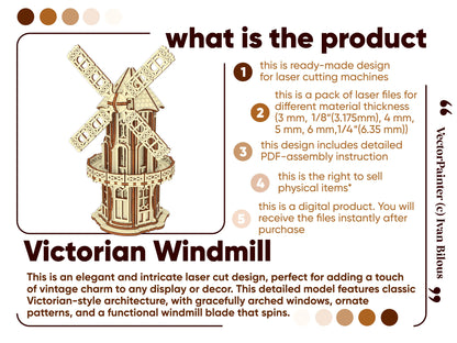 Product info card for digital laser cut plywood Victorian windmill files highlighting its spinning blades and vintage charm.