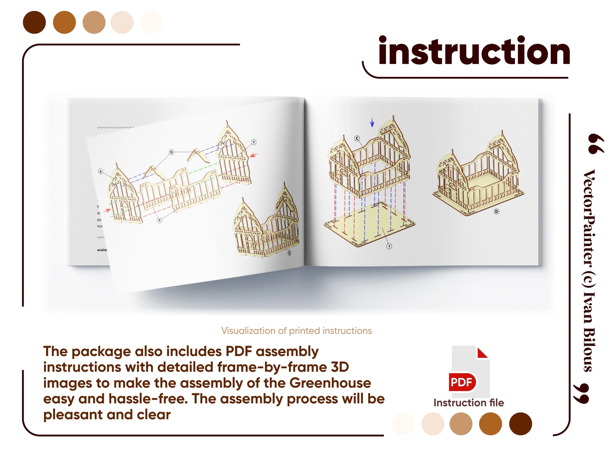 Open booklet mockup showing step by step 3D assembly instructions for building a laser cut plywood greenhouse model.