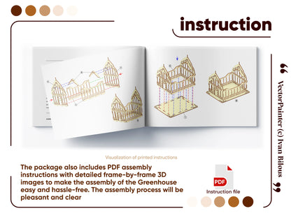 Open booklet mockup showing step by step 3D assembly instructions for building a laser cut plywood greenhouse model.