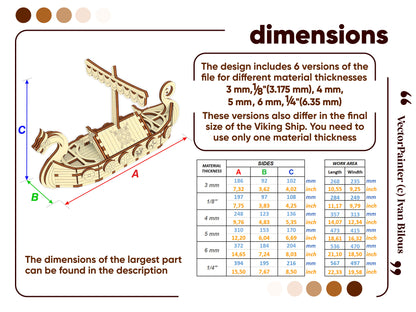 Diagram showing dimensions of the laser cut Viking ship model with labeled length, width, and height, along with a chart listing size variations for different plywood thicknesses.