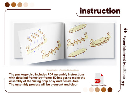 Preview of the PDF assembly instructions for the laser cut Viking ship model, showing step-by-step diagrams illustrating how to fit the wooden pieces together.