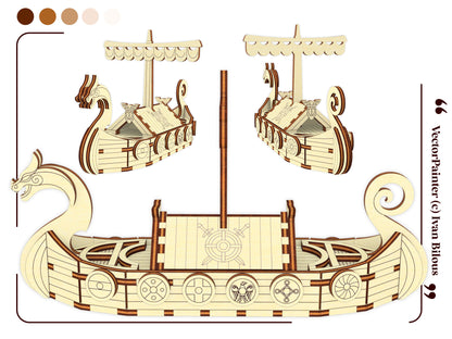 Three rendered views of a laser cut wooden Viking ship model, displaying the dragon head bow, shields, mast, and curved stern from different angles to show overall structure.