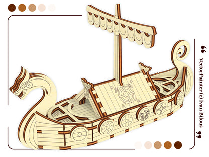 3D render of a laser cut Viking ship model made from layered plywood pieces, showing the curved hull, carved dragon bow, mast, and decorative shields along the rails.