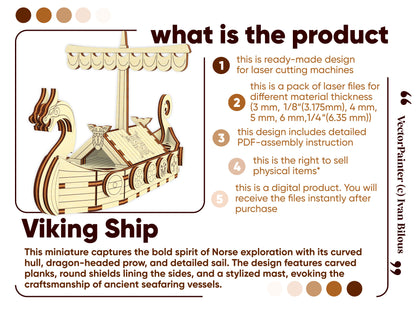 Laser cut wooden Viking ship model with a dragon-headed prow, shields along the sides, and decorative sail, shown next to text explaining that the product is a digital laser cutting file with assembly instructions.