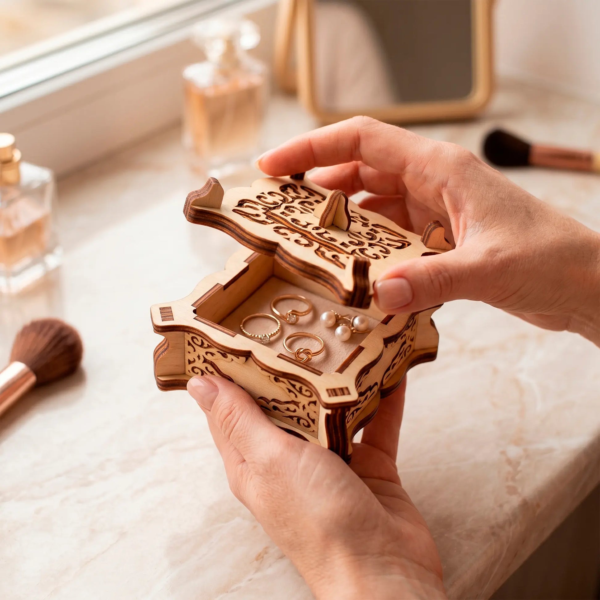 Woman hands opening a small laser cut plywood vintage jewelry box filled with gold rings on a marble dressing table.