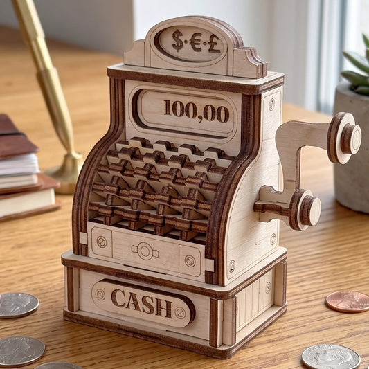 Laser cut plywood vintage cash register model on a wooden table, surrounded by scattered US coins and a pen
