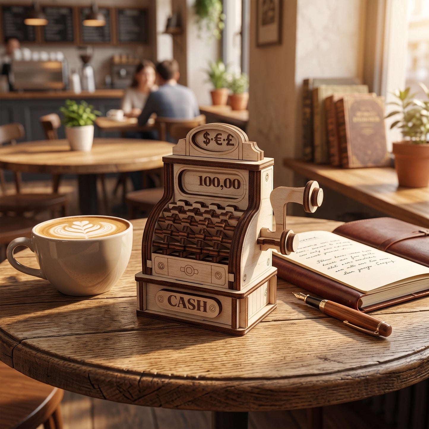 Vintage cash register model made from laser cut plywood, displayed on a cafe table with a latte and notebook