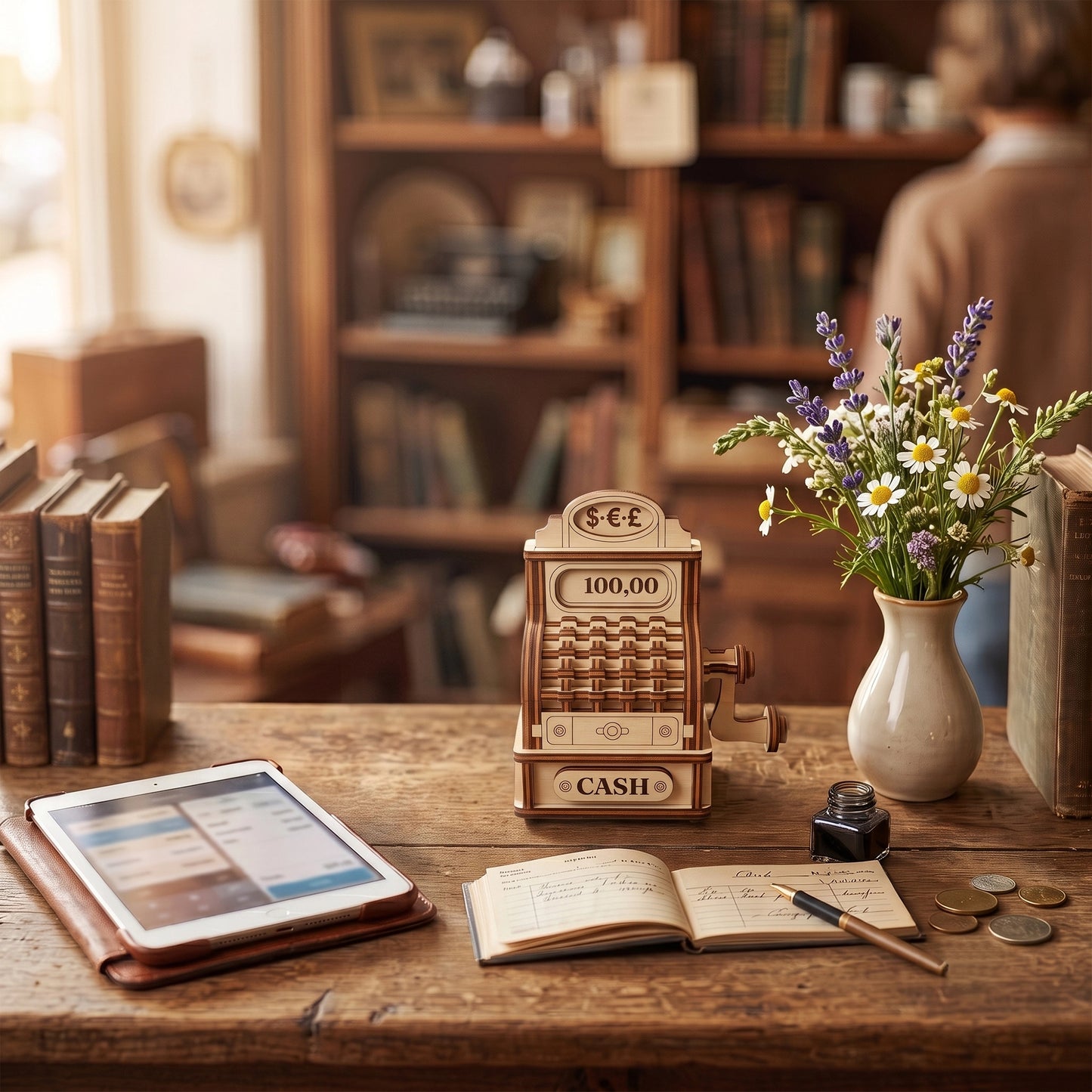 Laser cut plywood vintage cash register model on a desk with a notebook, tablet, and a vase of flowers.