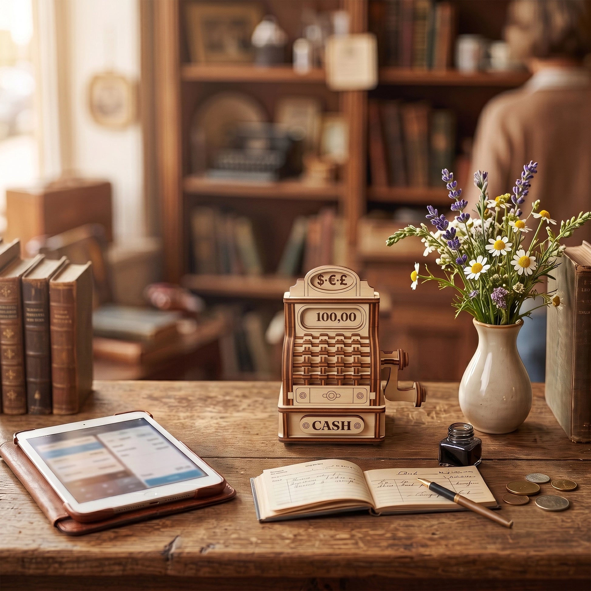 Laser cut plywood vintage cash register model on a desk with a notebook, tablet, and a vase of flowers.