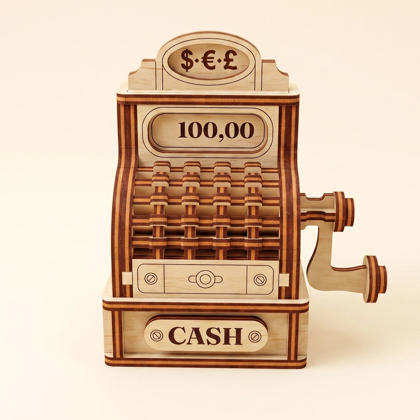 Detailed studio shot of a vintage cash register crafted from laser cut plywood with precision woodwork