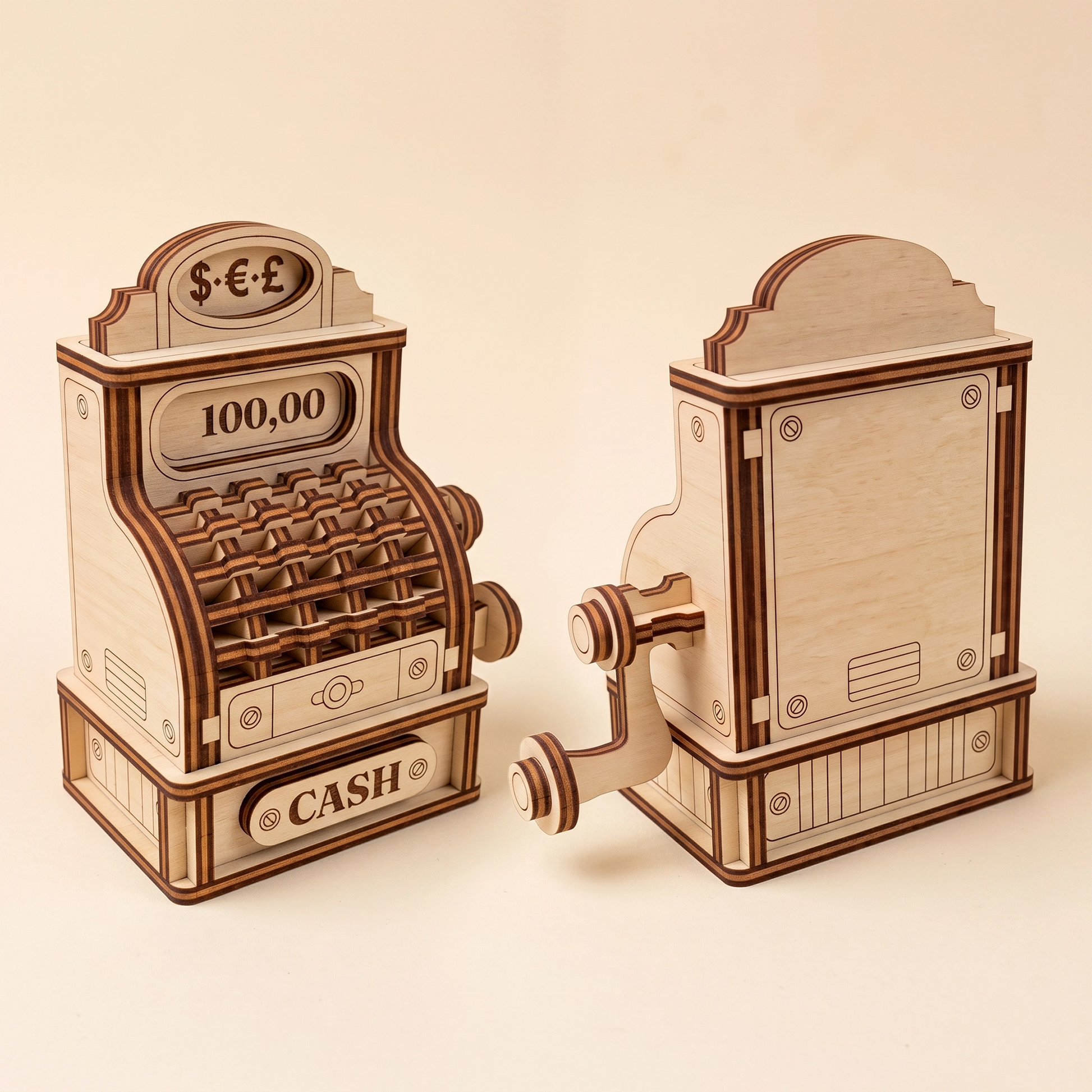 Two views of a vintage cash register model made from laser cut plywood, showing side crank and front detail