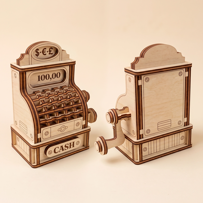 Two views of a vintage cash register model made from laser cut plywood, showing side crank and front detail