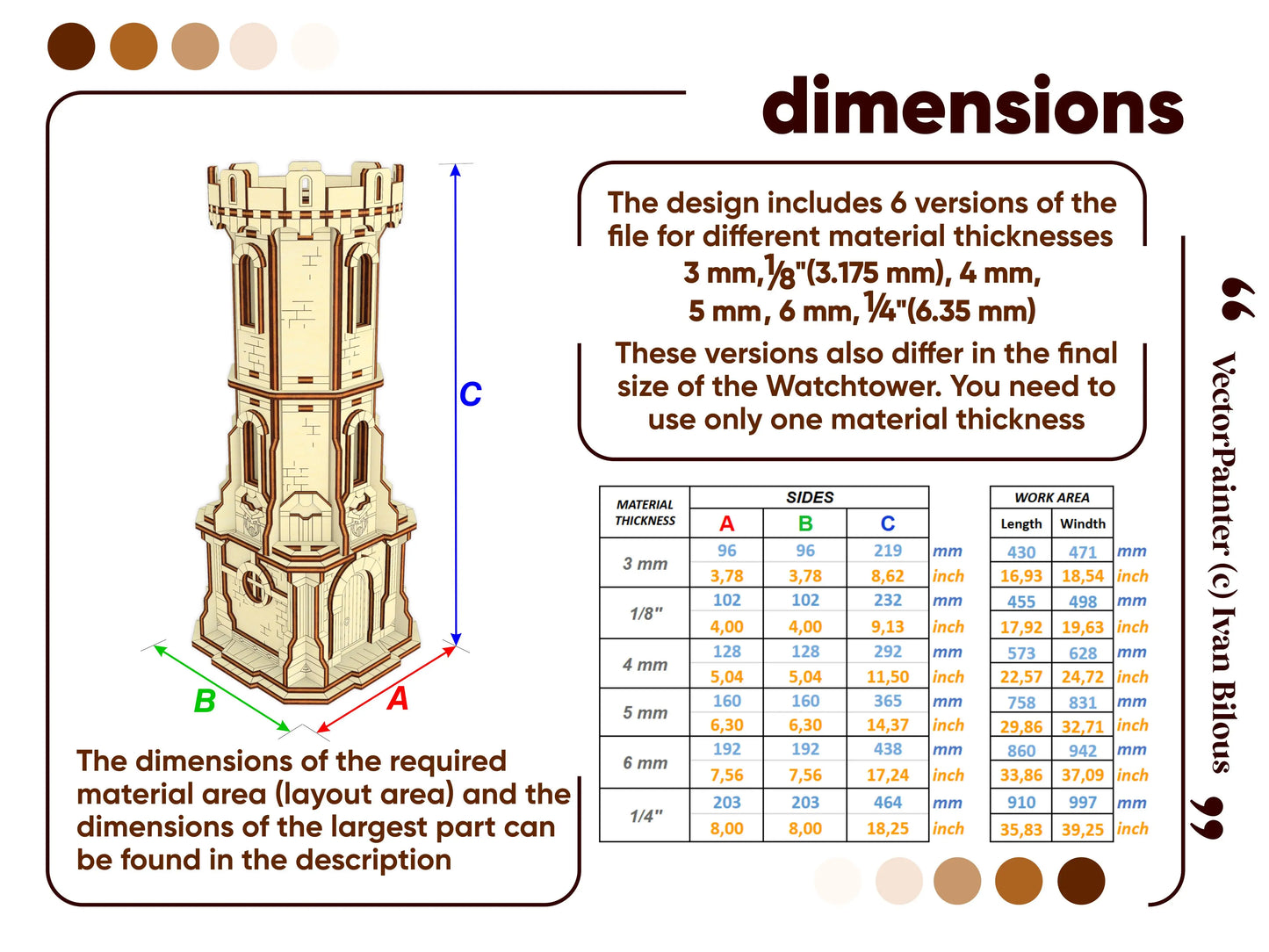 Dimensions and material thickness guide layout chart with a detailed sizing database table for a laser cut plywood model