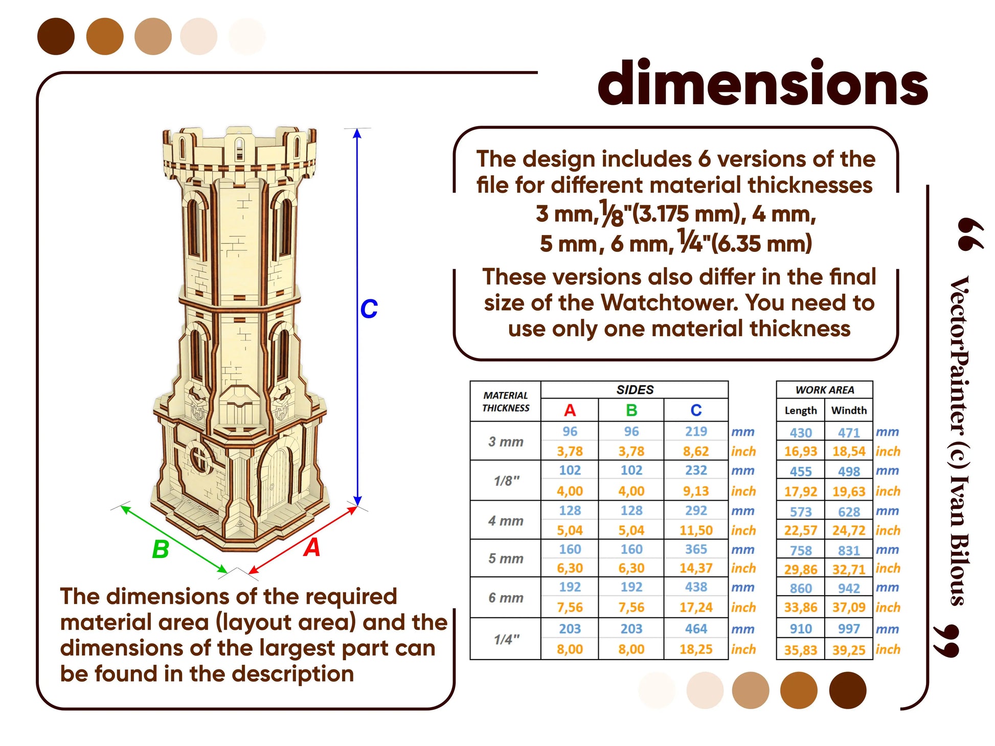 Dimensions and material thickness guide layout chart with a detailed sizing database table for a laser cut plywood model