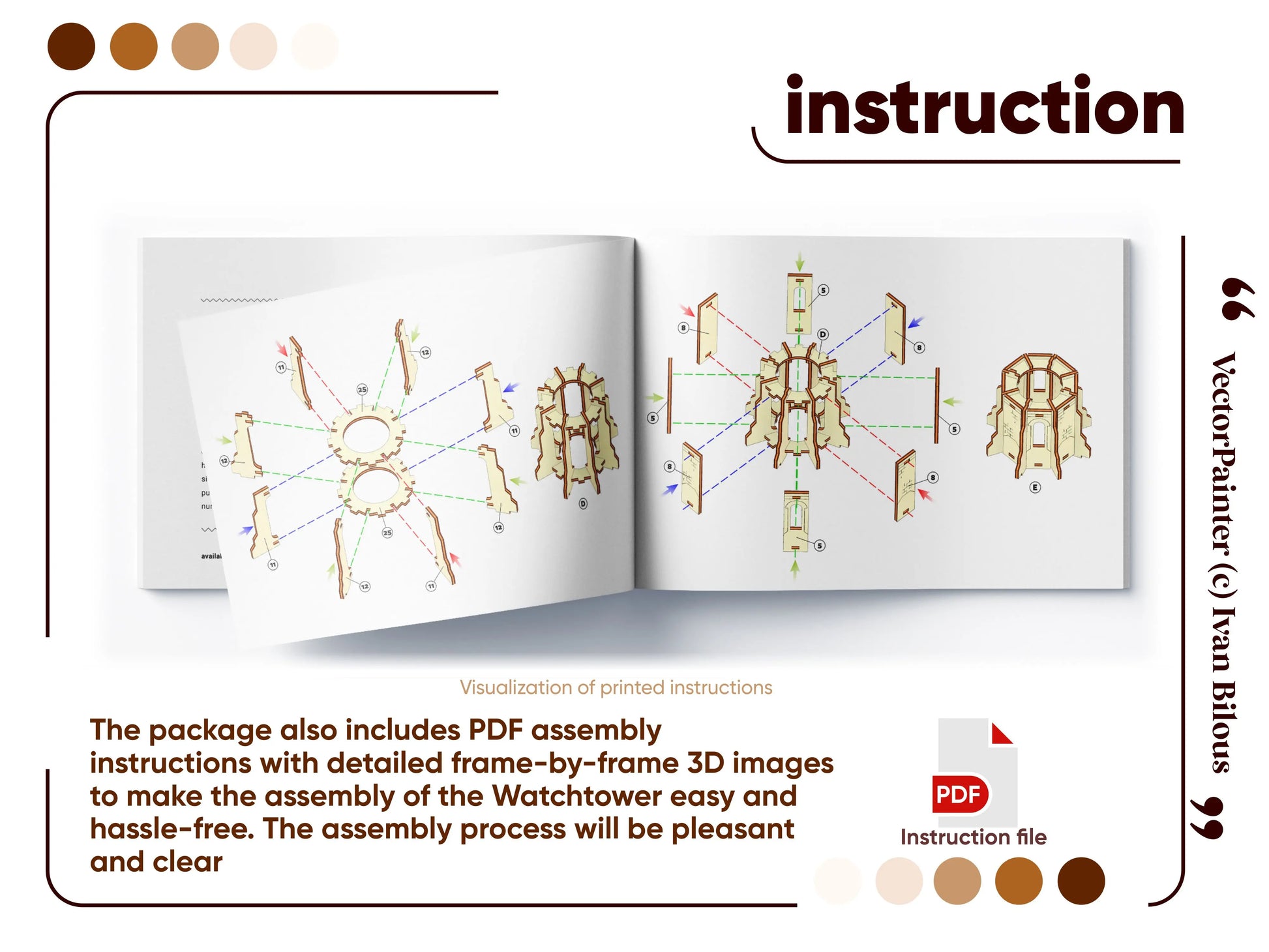 A comprehensive assembly instruction manual preview showing clear 3D exploded diagrams for a laser cut plywood watchtower