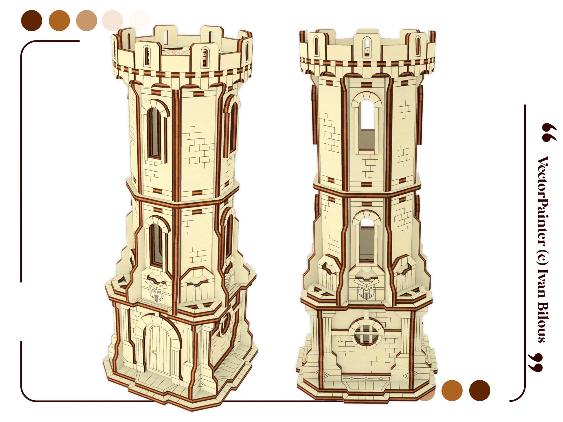 Two highly detailed multi-angle perspective 3D digital model views displaying a medieval watchtower in laser cut plywood