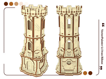 Two highly detailed multi-angle perspective 3D digital model views displaying a medieval watchtower in laser cut plywood