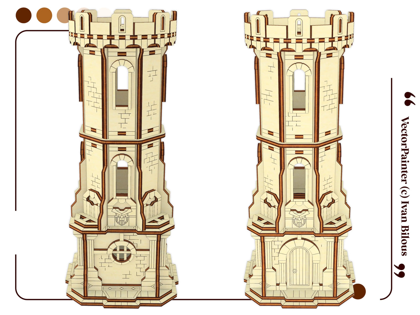 Two multi-angle flat side elevation template views of a miniature medieval watchtower crafted from fine laser cut plywood.