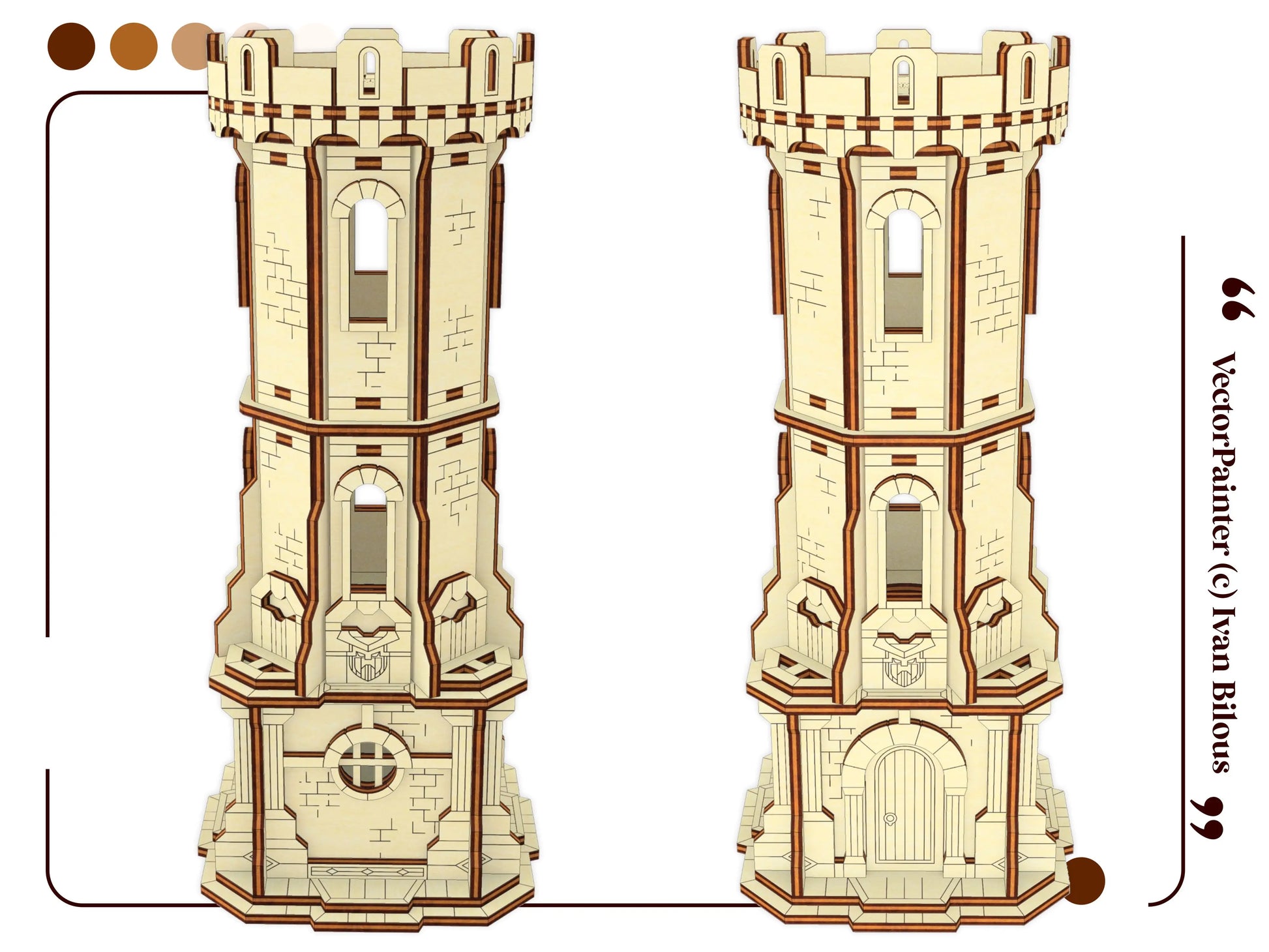 Two multi-angle flat side elevation template views of a miniature medieval watchtower crafted from fine laser cut plywood.