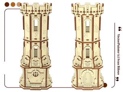 Two multi-angle flat side elevation template views of a miniature medieval watchtower crafted from fine laser cut plywood.