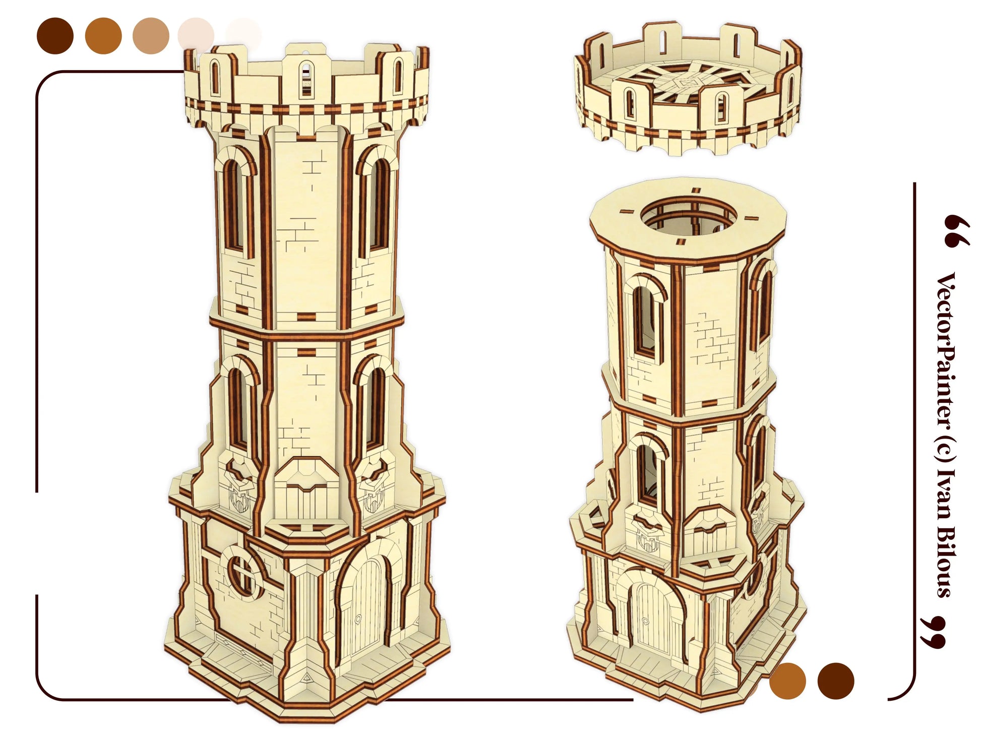 A detailed 3D template graphic showing a full watchtower model and a version with a detached top deck in laser cut plywood