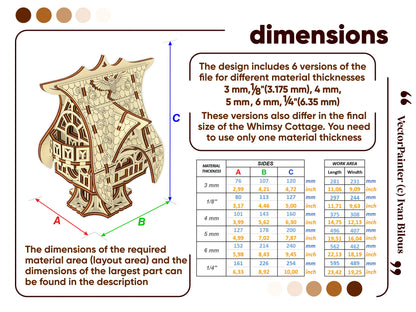 Dimensions and material thickness layout blueprint chart with a highly detailed size calculation table, laser cut plywood