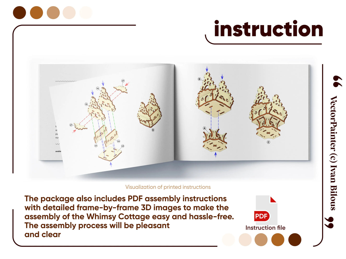 A comprehensive assembly instruction manual guide preview showing clear 3D exploded building layouts, laser cut plywood.