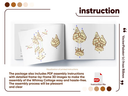 A comprehensive assembly instruction manual guide preview showing clear 3D exploded building layouts, laser cut plywood.