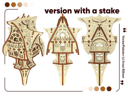 Two highly detailed side-by-side perspective 3D digital model views showing a fairytale owl cottage in laser cut plywood.
