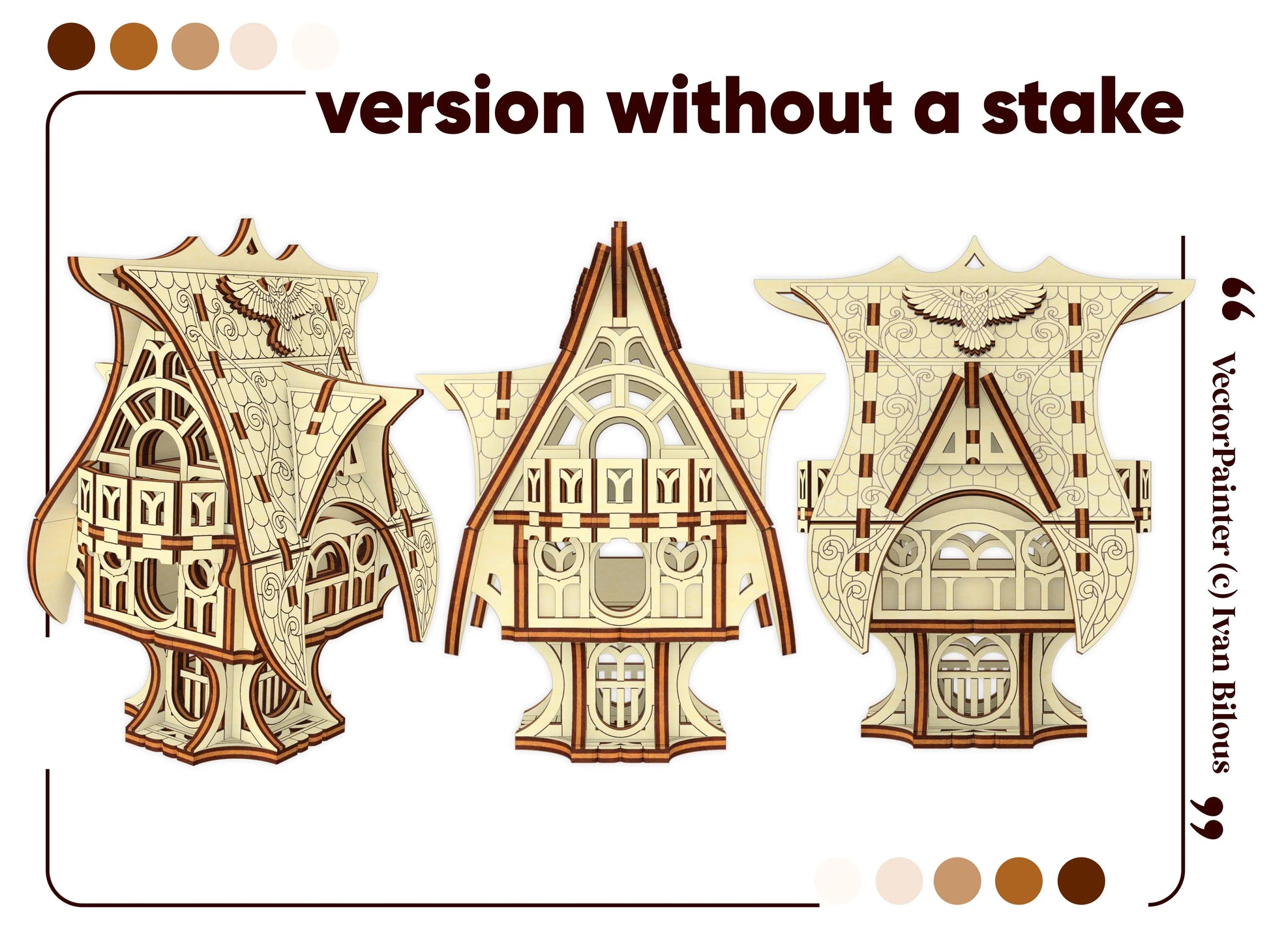 Two separate multi-angle flat elevation template views of a miniature whimsical fairytale cottage from laser cut plywood.