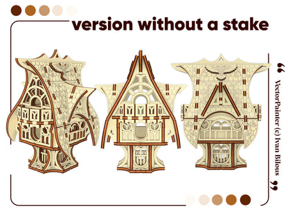 Two separate multi-angle flat elevation template views of a miniature whimsical fairytale cottage from laser cut plywood.