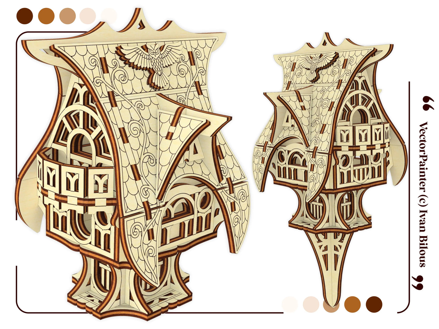 A beautifully detailed 3D vector model template graphic showcasing an intricate fairytale owl cottage, laser cut plywood.