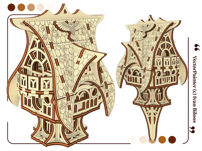 A beautifully detailed 3D vector model template graphic showcasing an intricate fairytale owl cottage, laser cut plywood.