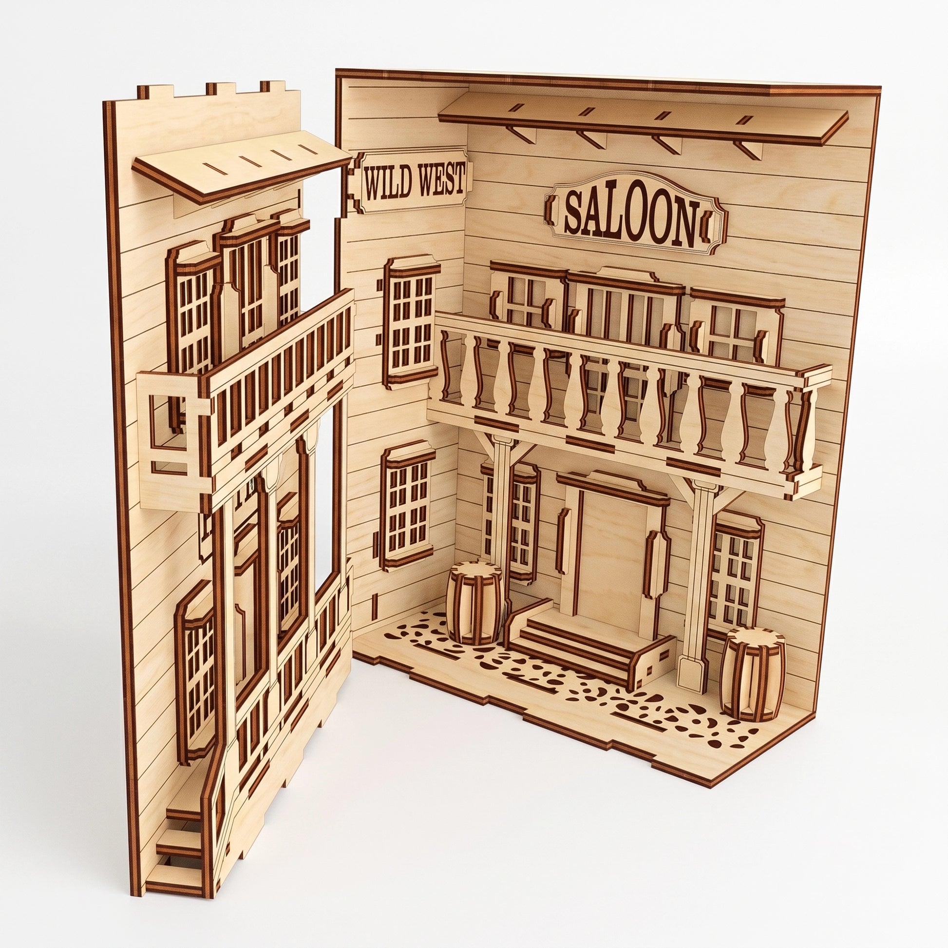 Open-view of a laser-cut birch plywood Wild West saloon book nook showing a balcony, saloon sign, and dark burnt edges.