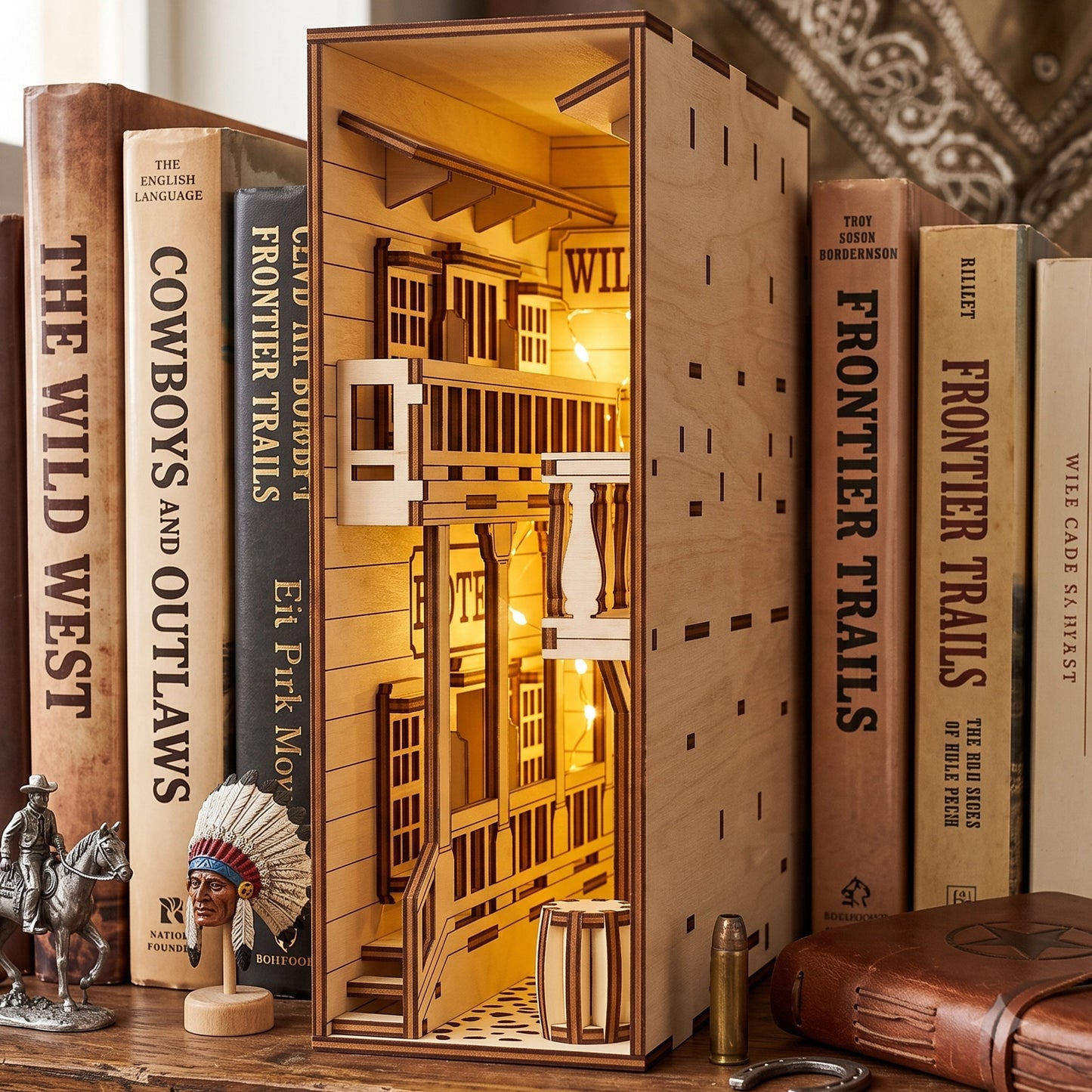 Lit laser-cut birch plywood Wild West saloon book nook on a shelf between western books, with warm internal lights and barrels