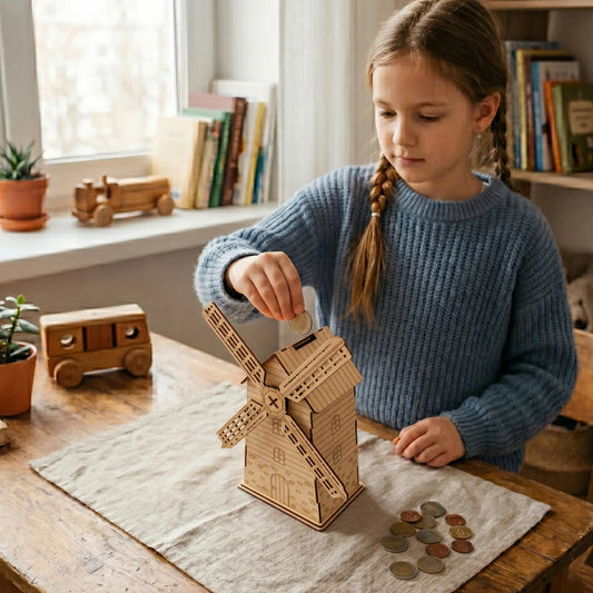 Young girl putting a coin into the top slot of a laser cut plywood windmill money box on a linen cloth workspace.
