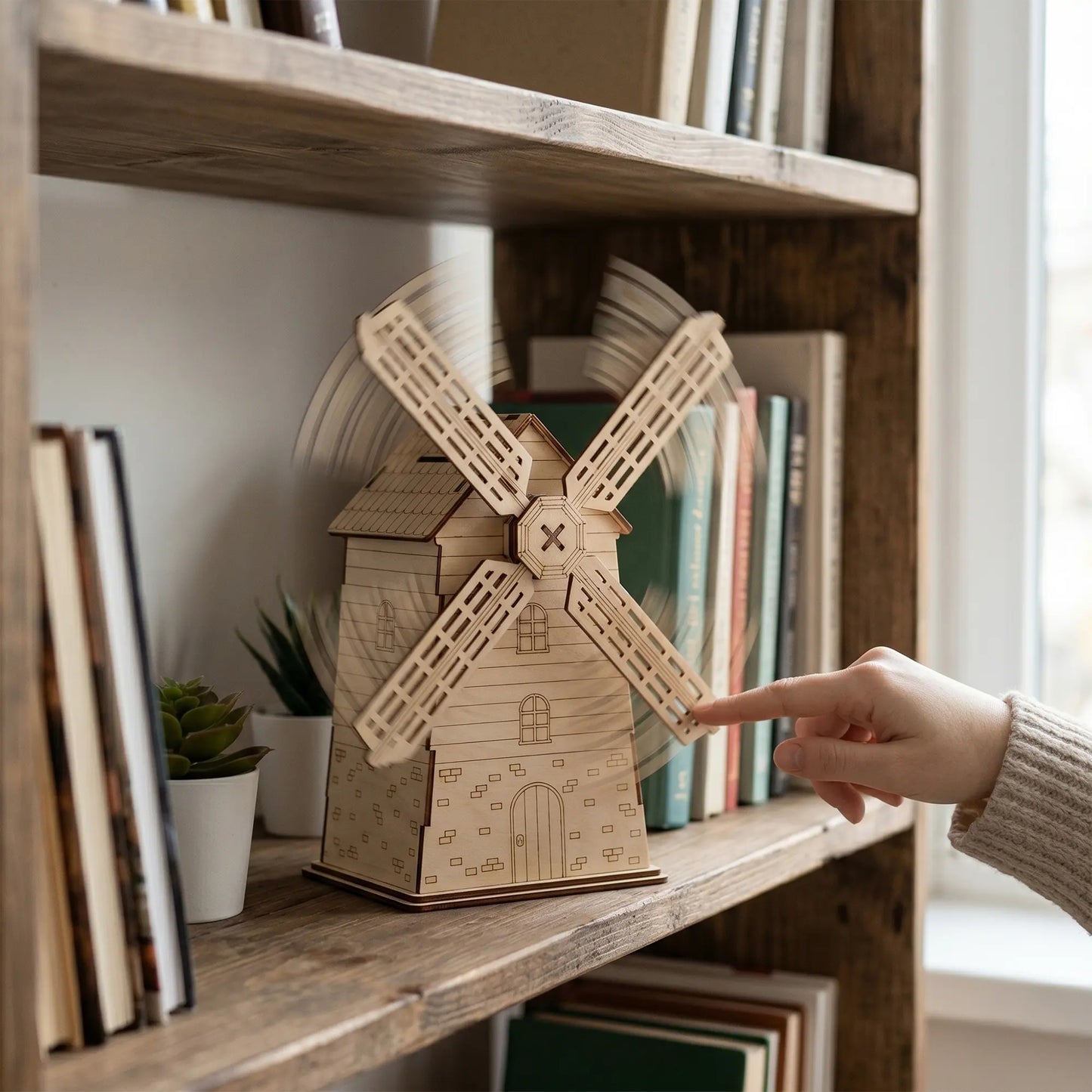 A hand spinning the sails of a laser cut plywood windmill money box displayed on a cozy wooden bookshelf with books.
