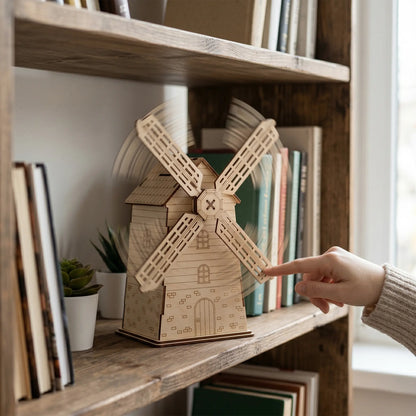 A hand spinning the sails of a laser cut plywood windmill money box displayed on a cozy wooden bookshelf with books.