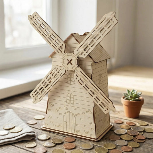 Laser cut plywood windmill savings box styled on a sunny wooden tabletop surrounded by scattered international coins.