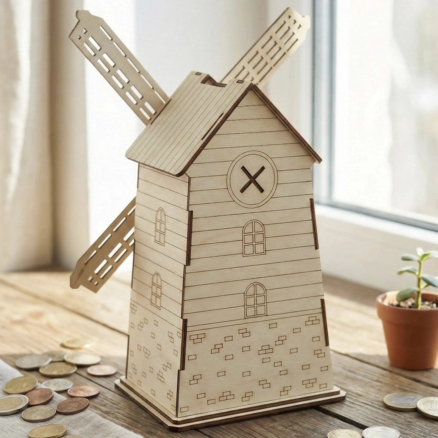 Three-quarter back view of a laser cut plywood windmill coin bank standing on a table next to a small potted plant.