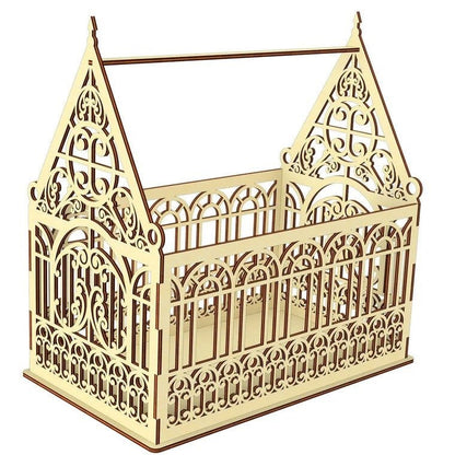 A wooden birdcage with intricate, decorative patterns and designs.