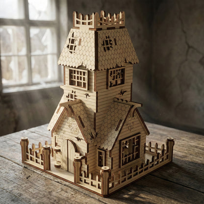 Three-quarter view of a haunted abandoned house made of laser cut plywood. Features a tall tower with a shingled roof, broken windows, a picket fence, and a double front door. Resting on a rustic wooden table with sunlight streaming in.