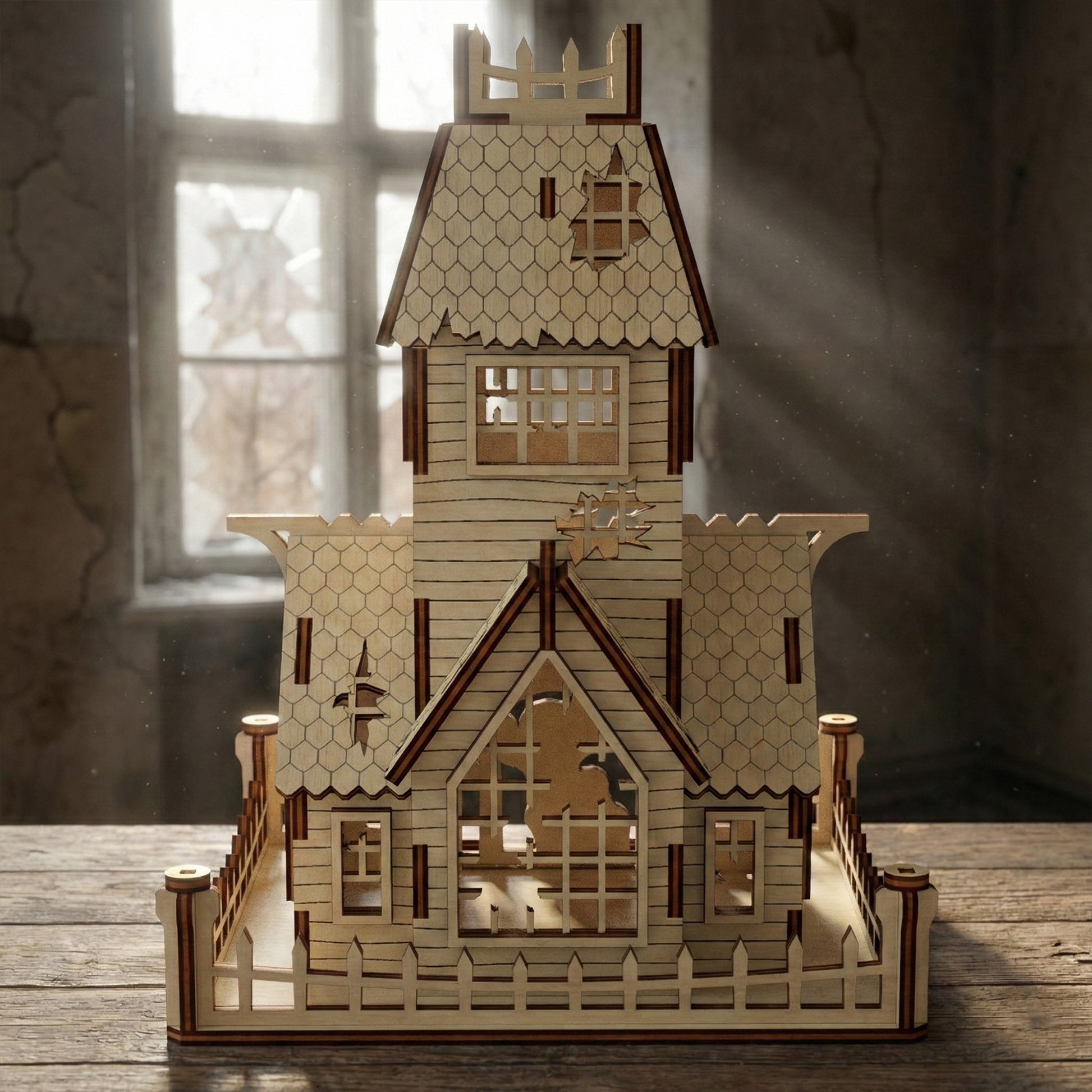 Front-facing view of a DIY laser cut plywood dollhouse. The Victorian-style abandoned house has jagged roof edges, a large arched window with broken panes, and a detailed wrap-around fence. High-contrast lighting highlights the wood texture