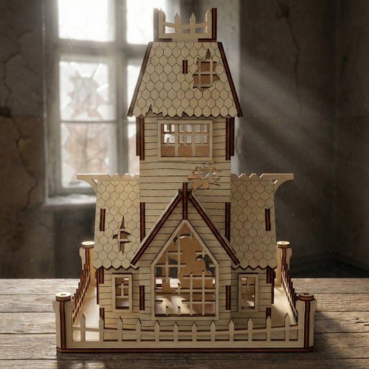 Front-facing view of a DIY laser cut plywood dollhouse. The Victorian-style abandoned house has jagged roof edges, a large arched window with broken panes, and a detailed wrap-around fence. High-contrast lighting highlights the wood texture