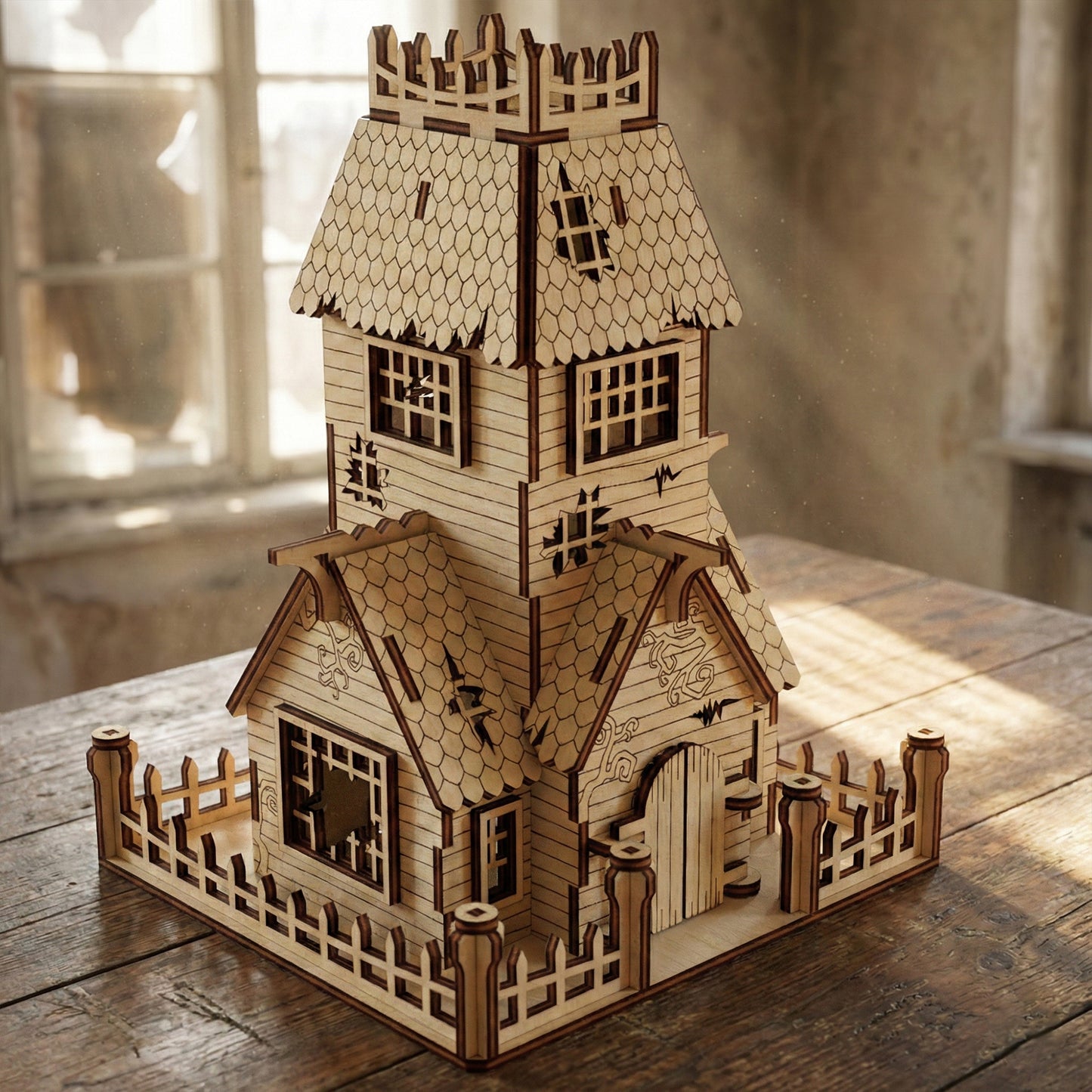 Side view of the abandoned house puzzle made of laser cut plywood. Showcases the etched wood grain, cracked wall details, and multiple gabled roofs with scale-like shingles. The intricate fence posts surround the base on a wooden surface.