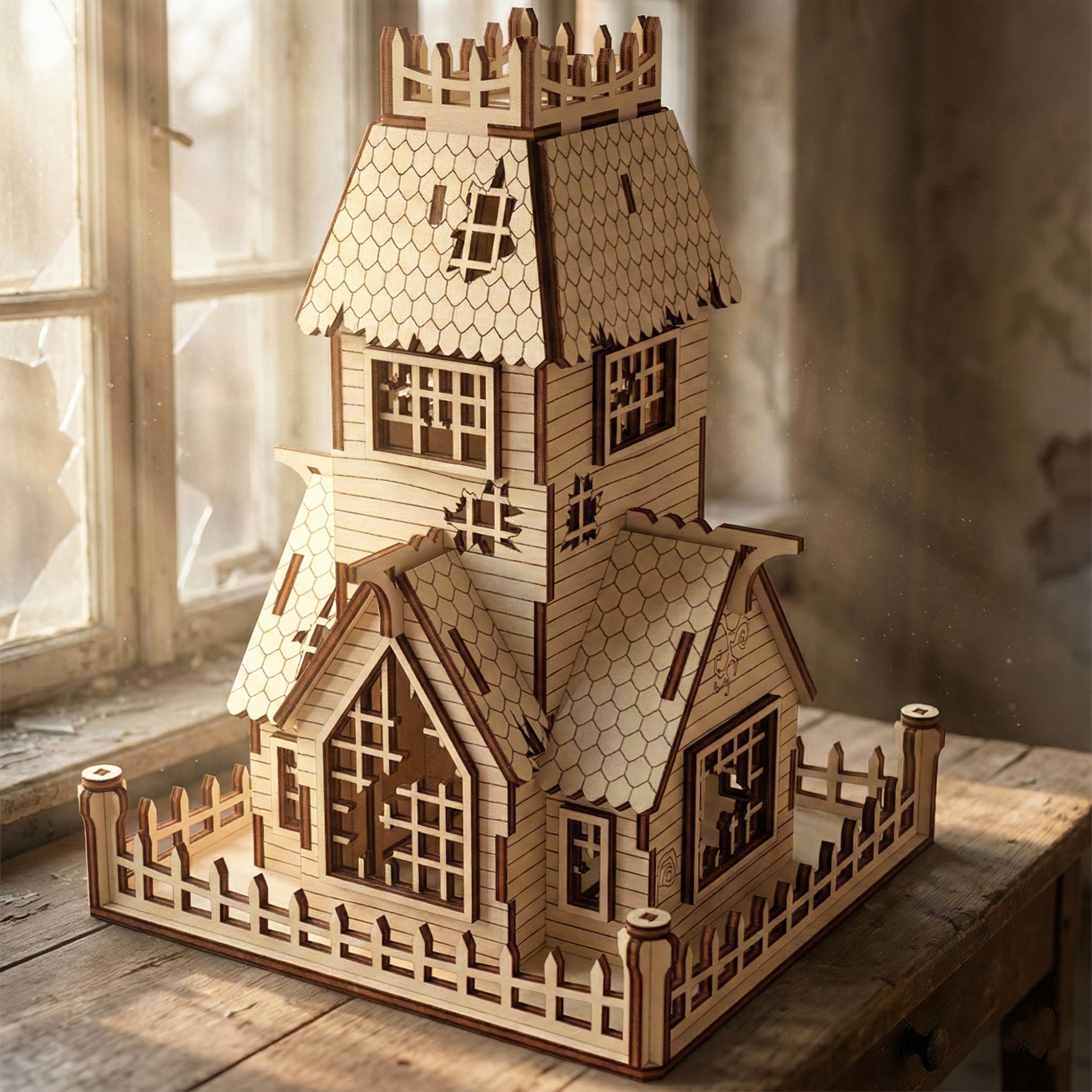 High-angle shot of a miniature abandoned manor crafted from laser cut plywood. The 3D wooden model shows detailed cutouts of broken window slats and a weathered tower top. Natural light emphasizes the burnt edges of the precision cuts.