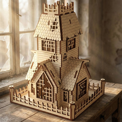 High-angle shot of a miniature abandoned manor crafted from laser cut plywood. The 3D wooden model shows detailed cutouts of broken window slats and a weathered tower top. Natural light emphasizes the burnt edges of the precision cuts.